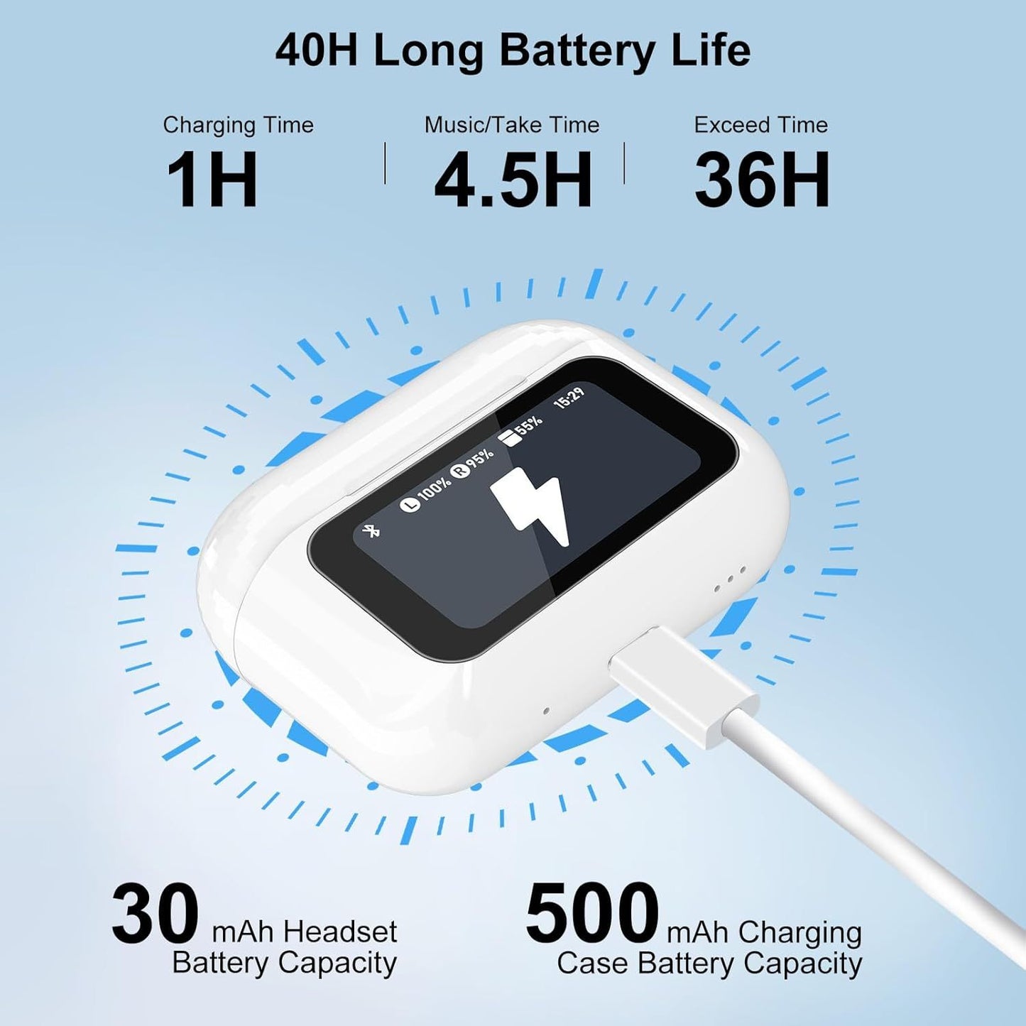 Auriculares inalámbricos Bluetooth 5.4 con pantalla táctil, cancelación de ruido ANC/ENC y micrófono.